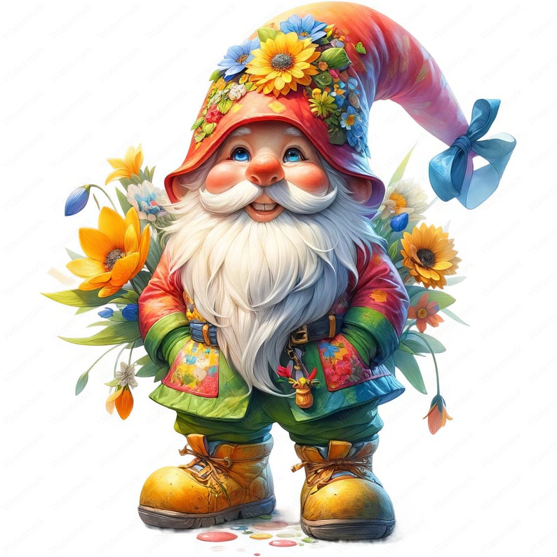 May include: A cheerful gnome with a red and orange hat adorned with flowers, wearing a green and red jacket with a floral pattern, and holding a bouquet of yellow flowers.