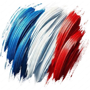 May include: Abstract artwork featuring bold brushstrokes in the colors of the French flag: blue, white, and red. The strokes are layered and textured, creating a dynamic and artistic representation on a white background.