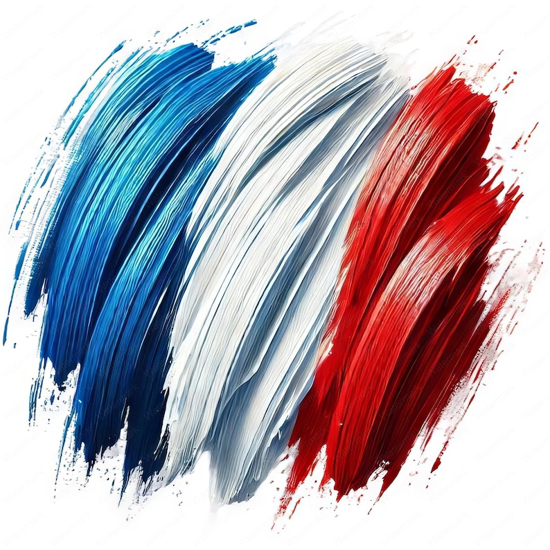 May include: Abstract artwork featuring bold brushstrokes in the colors of the French flag: blue, white, and red. The strokes are layered and textured, creating a dynamic and artistic representation on a white background.