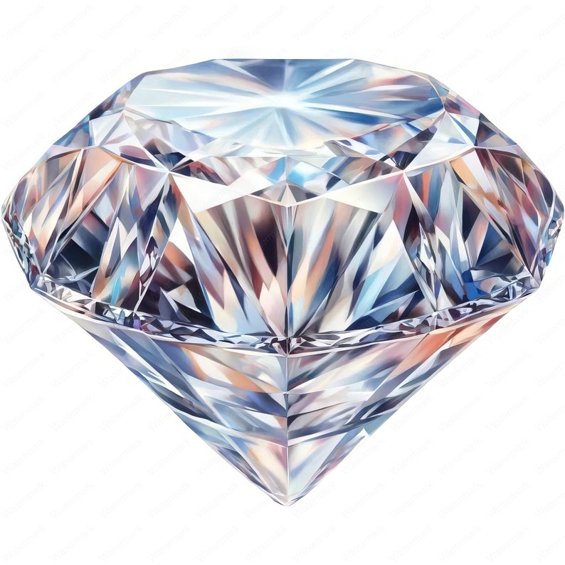 May include: A large, clear diamond with many facets, reflecting light in a rainbow of colors.