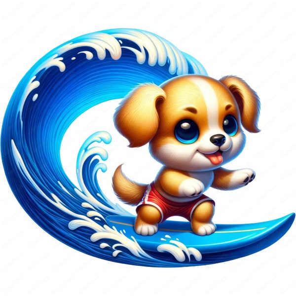 Puppy Surfing Clipart | Energetic Puppy Surfing Clipart Bundle | 10 High-Quality Images | Ocean Adventure Art | Printables | Commercial Use