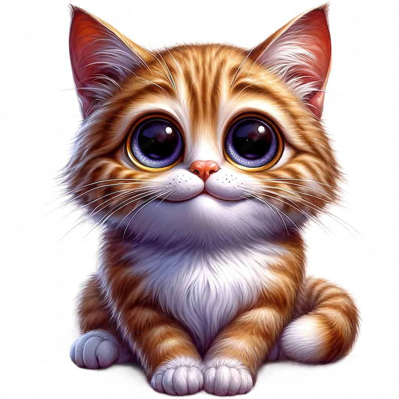 May include: A cute orange and white kitten with big blue eyes sits with a happy expression. The kitten has a white chest and paws.