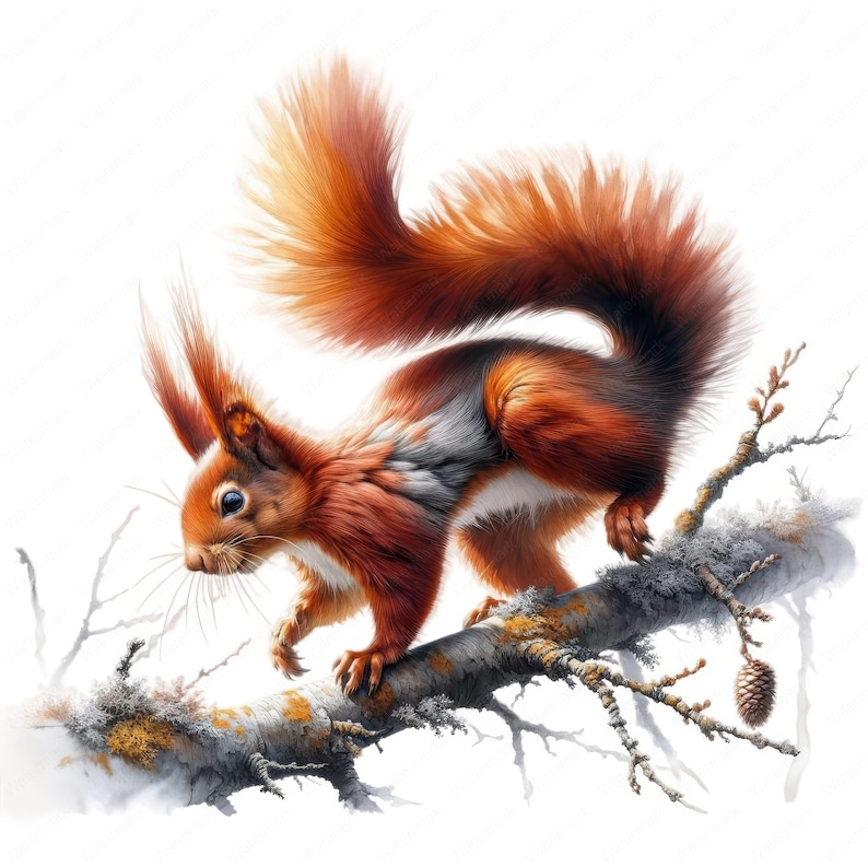 May include: A detailed illustration of a squirrel with reddish-brown fur, a fluffy tail, and long ears. The squirrel is perched on a tree branch with a pine cone, set against a white background. The artwork has a watercolor style.