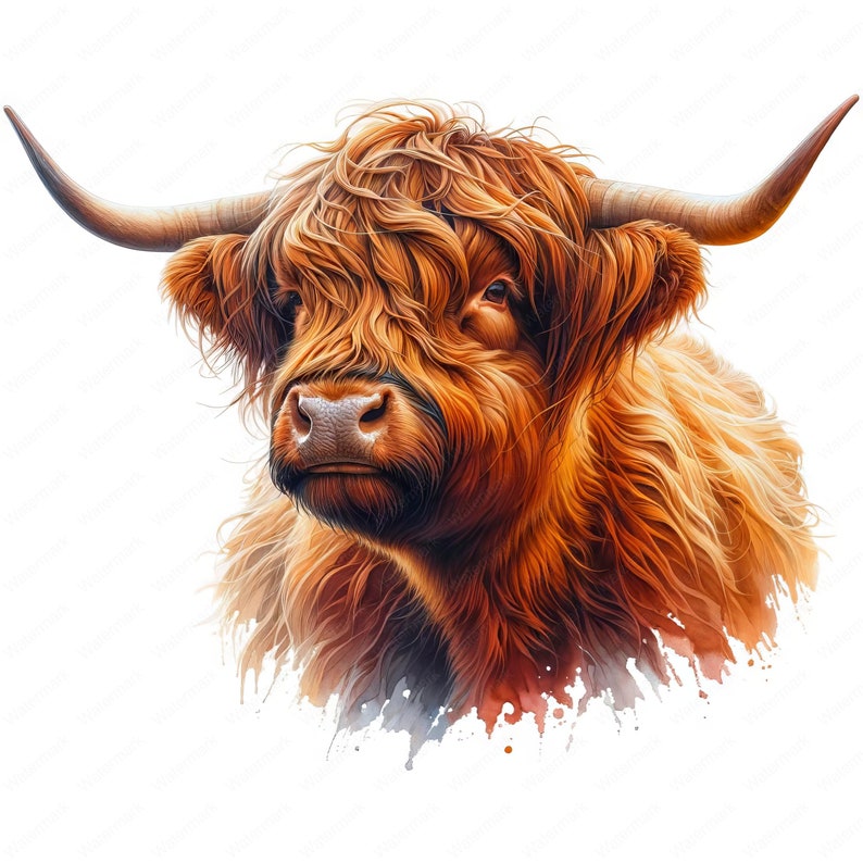 May include: A close-up portrait of a Highland cow with long, reddish-brown fur. The cow has a white background with watercolor splatters.