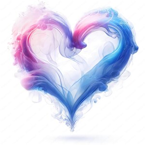 May include: A heart shape formed by swirling blue and pink smoke against a white background.