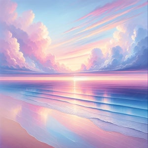 May include: A pastel pink and blue sunset over a calm ocean with gentle waves lapping on a sandy beach.