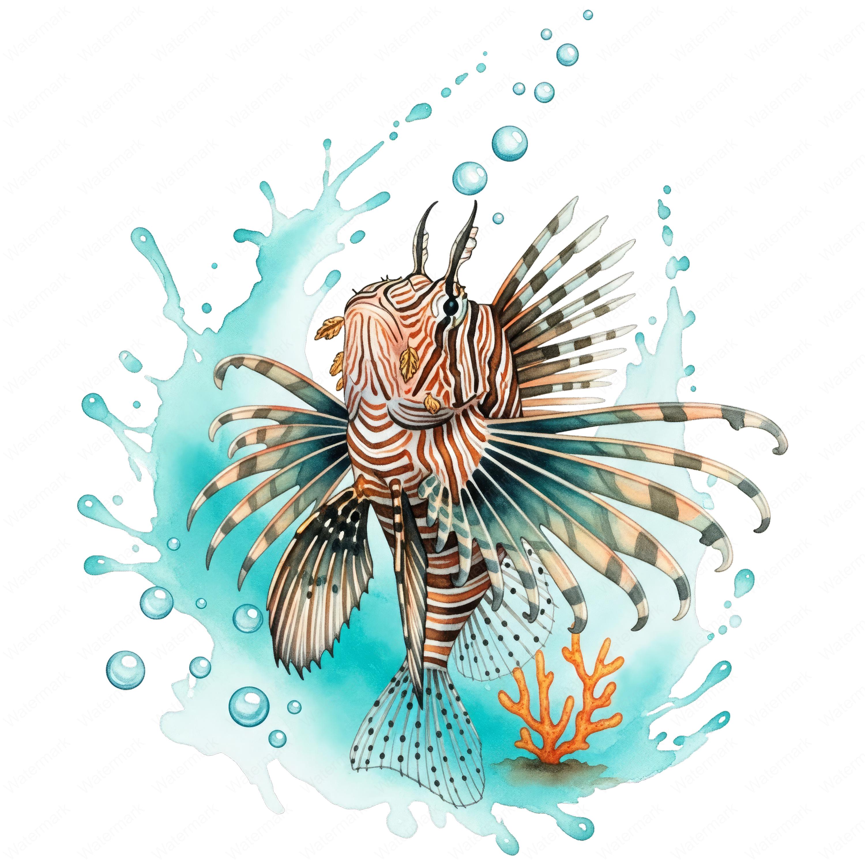 ネイチャーアート「ミノカサゴ」　水彩画 水彩画風ミノカサゴのクリップアート：海洋魚のPNGデザイン（即時