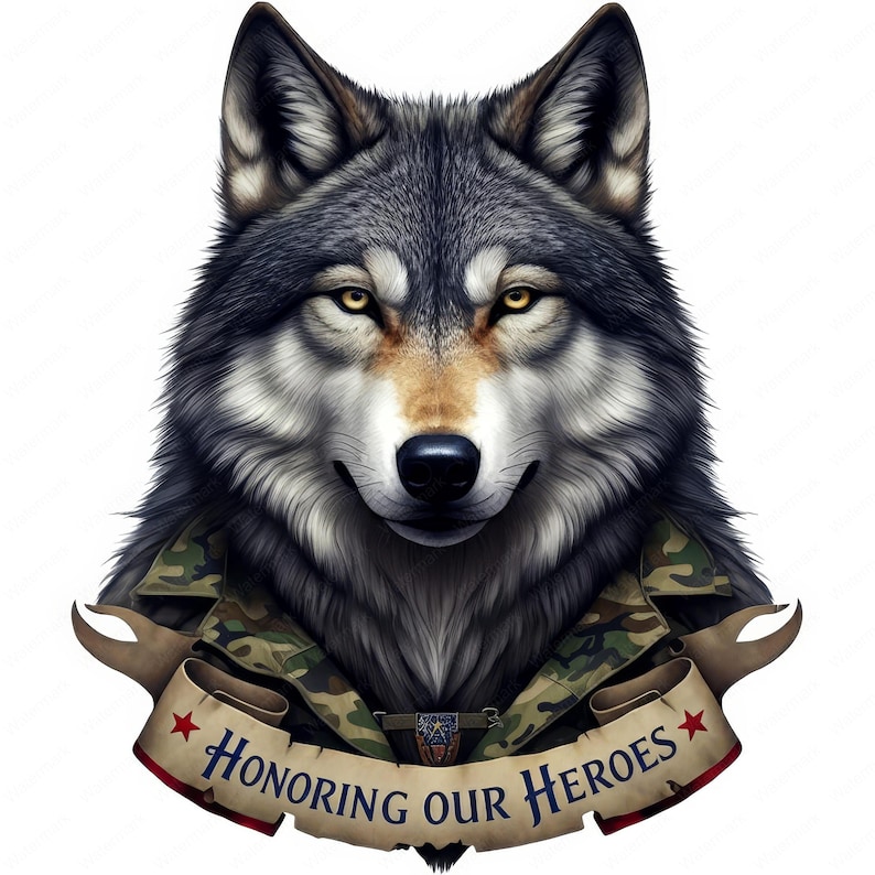 K&ouml;nnte beinhalten: Ein grauer Wolf, der eine Tarnjacke mit einer Schriftrolle tr&auml;gt, auf der "Honoring Our Heroes" steht, mit einem roten Stern an jedem Ende.