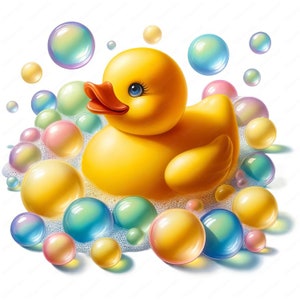 Puede incluir: Un pato de goma amarillo est&aacute; rodeado de burbujas de colores en un ba&ntilde;o blanco. El pato tiene un pico rojo y ojos azules.
