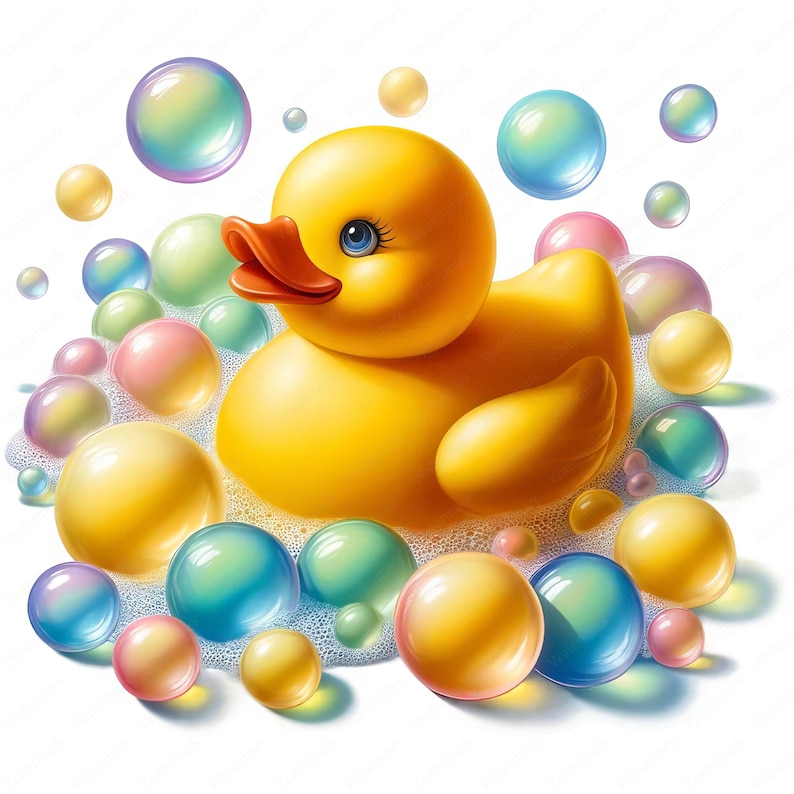 Puede incluir: Un pato de goma amarillo est&aacute; rodeado de burbujas de colores en un ba&ntilde;o blanco. El pato tiene un pico rojo y ojos azules.