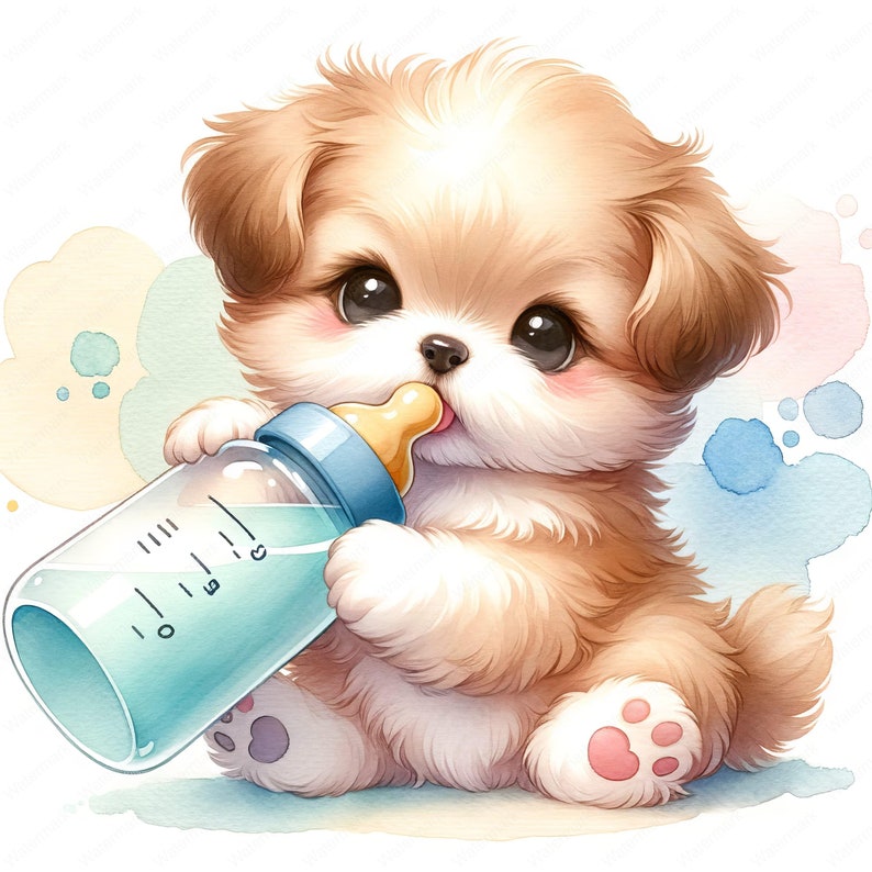 Baby Puppy with Baby Bottle Clipart 10 High-Quality Images Nursery Decor Cute Dog Illustrations Digital Prints Commercial Use zdjęcie 3
