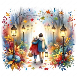 May include: A watercolor painting of a couple walking hand-in-hand down a path lined with trees and streetlights. The trees are decorated with colorful autumn leaves. The couple is wearing warm clothing and carrying a lantern.