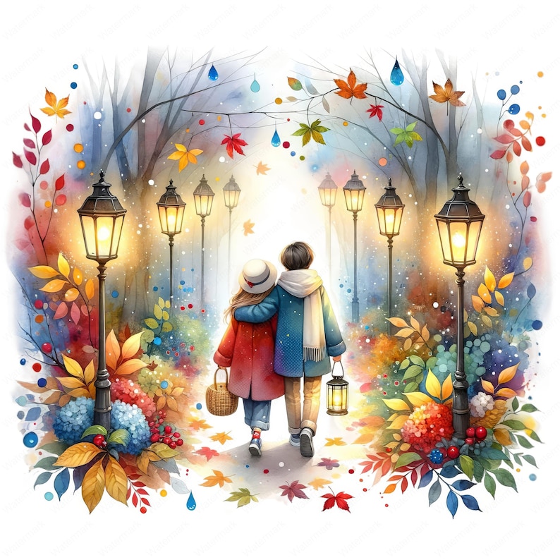 May include: A watercolor painting of a couple walking hand-in-hand down a path lined with trees and streetlights. The trees are decorated with colorful autumn leaves. The couple is wearing warm clothing and carrying a lantern.