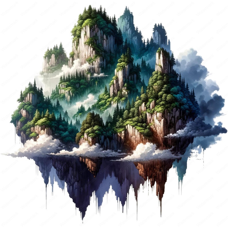 May include: A digital painting of a floating island with a lush green forest and rocky cliffs. The island is surrounded by clouds and has a reflection in the water below.