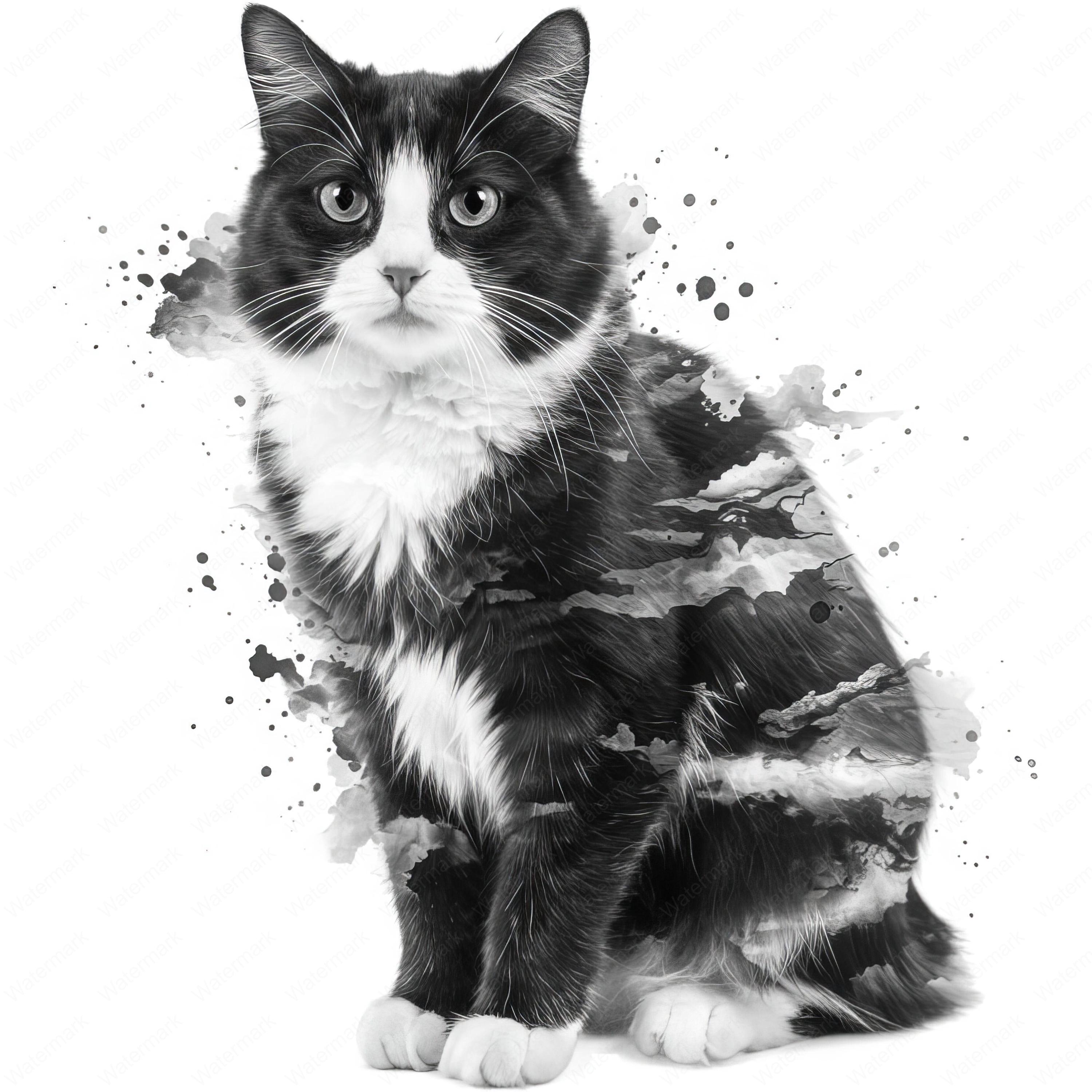 Watercolor Cat Clipart: Black & White Feline PNG Bundle (digital ...