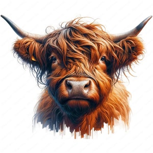 May include: A close-up portrait of a Highland cow with long, reddish-brown fur and a shaggy mane. The cow has a gentle expression and its large, dark eyes are visible.