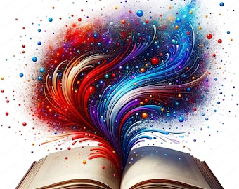 May include: An open book with colorful, swirling lines and dots bursting out of it, representing the power of imagination and knowledge.