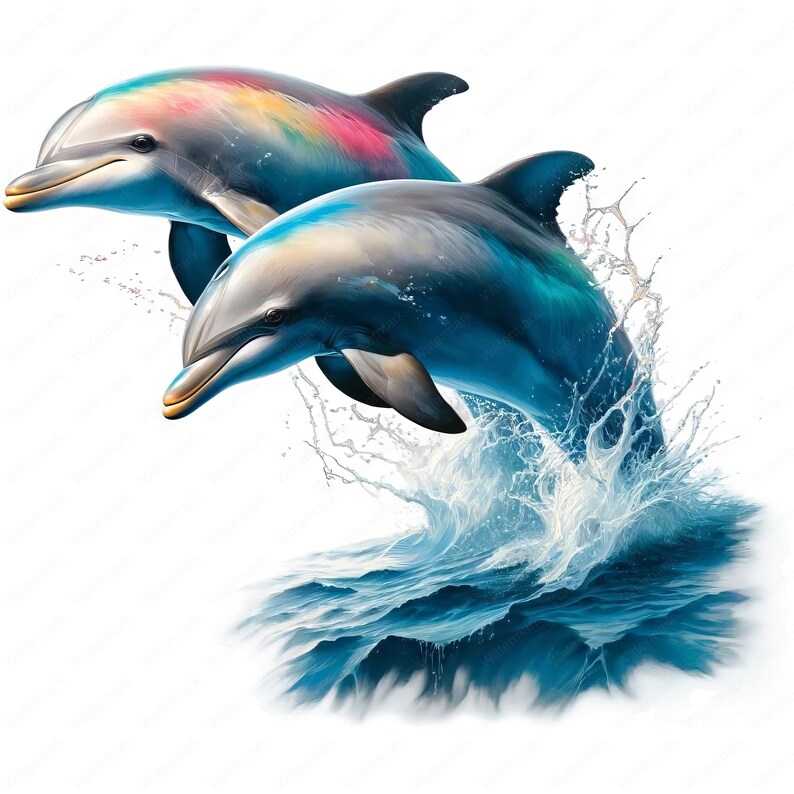 Puede incluir: Dos delfines saltan fuera del agua, creando una lluvia de gotas de agua. El delf&iacute;n de delante es gris y azul, mientras que el delf&iacute;n de atr&aacute;s es de un vibrante color arco&iacute;ris.