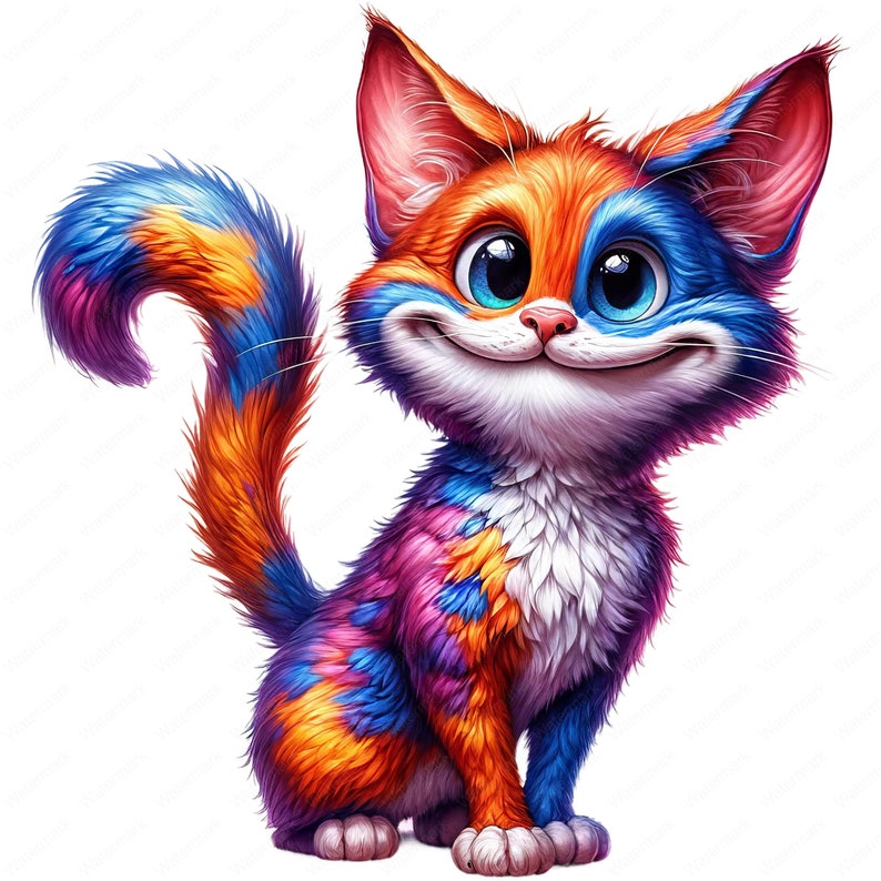 May include: A cartoon cat with a bright orange, blue, and pink fur pattern. The cat has large, blue eyes and a wide, friendly smile. The cat's tail is curled around its body.