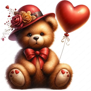May include: A brown teddy bear wearing a red hat with flowers and a red bow. The bear is holding a red heart-shaped balloon.