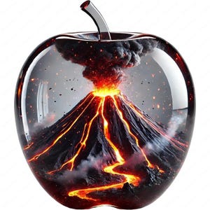 Pode incluir: Uma maçã vermelha com uma parte superior de vidro transparente que revela um vulcão em erupção com lava e fumaça dentro.