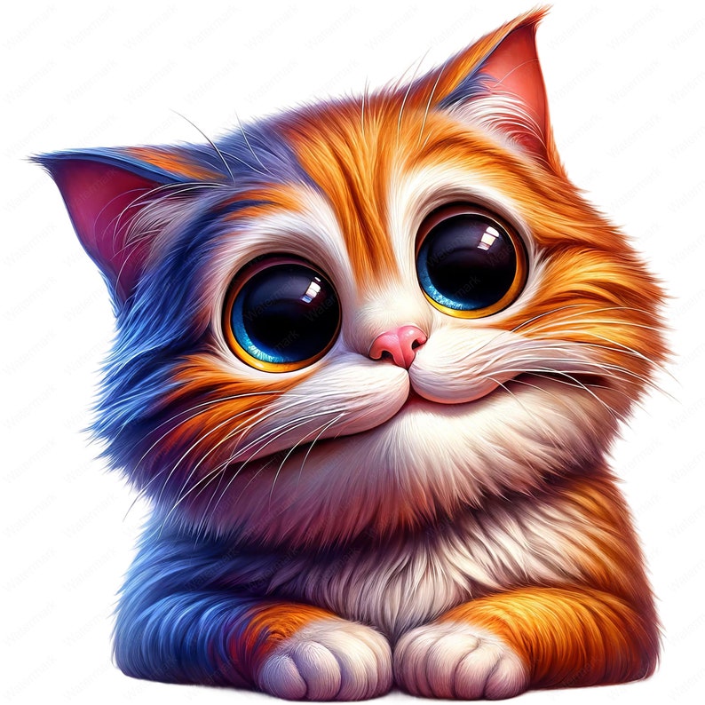 May include: A close-up of a cartoon cat with large blue eyes and a white, orange, and blue coat. The cat is smiling and looking directly at the viewer.