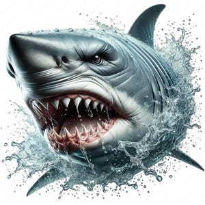 May include: A close-up of a great white shark with its mouth open, showing sharp teeth. The shark is surrounded by water droplets, creating a sense of motion and energy.