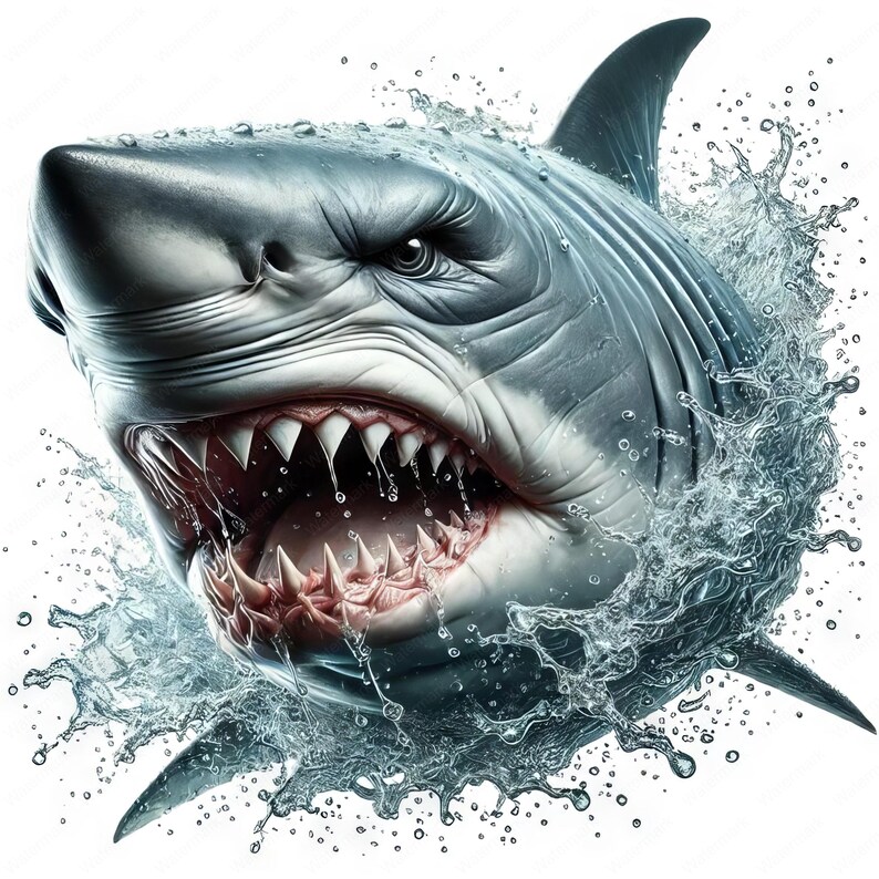 May include: A close-up of a great white shark with its mouth open, showing sharp teeth. The shark is surrounded by water droplets, creating a sense of motion and energy.