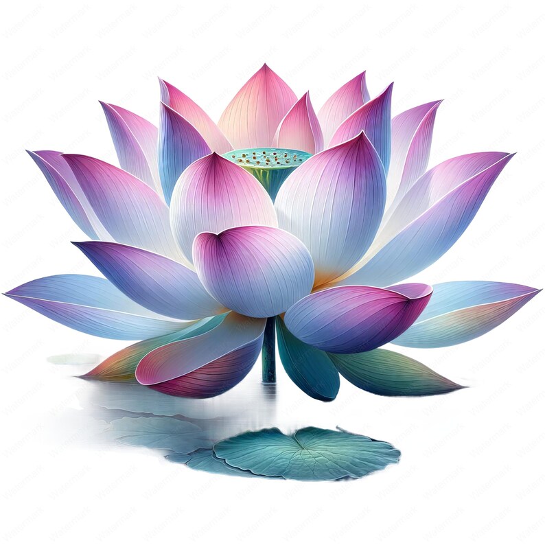 May include: A pink and blue lotus flower with a green center, blooming in a pond with a single leaf. The flower has many petals and is in full bloom.