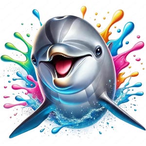 Puede incluir: Un delf&iacute;n gris sonriente salta a trav&eacute;s de un chorro de agua de colores. El agua es azul, verde, rosa y naranja.