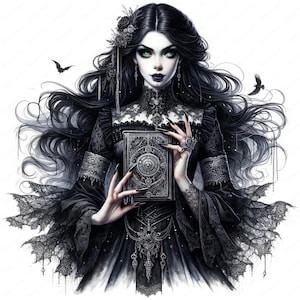 Puede incluir: Una mujer con el pelo largo y negro y maquillaje oscuro lleva un vestido negro de encaje y sostiene un libro plateado con dise&ntilde;os intrincados. Tiene una est&eacute;tica oscura y g&oacute;tica.