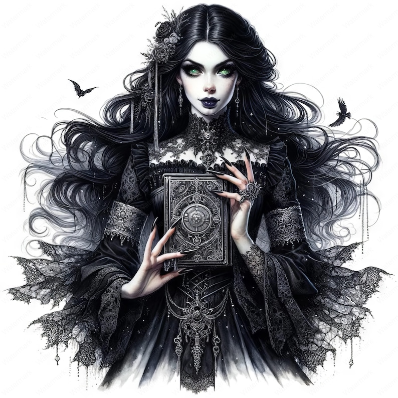 Puede incluir: Una mujer con el pelo largo y negro y maquillaje oscuro lleva un vestido negro de encaje y sostiene un libro plateado con dise&ntilde;os intrincados. Tiene una est&eacute;tica oscura y g&oacute;tica.