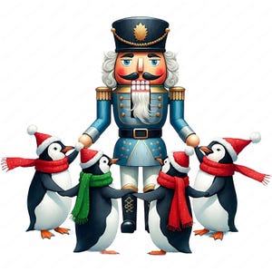 Può includere: Un pupazzo di legno a forma di schiaccianoci blu e rosso si trova al centro dell'immagine, circondato da quattro pinguini che indossano cappelli e sciarpe rosse e verdi. I pinguini si tengono per mano e guardano lo schiaccianoci.