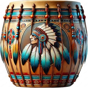 May include: A wooden drum with a Native American design. The drum is decorated with feathers, beads, and geometric patterns in shades of brown, blue, red, and white. The drum features a carved image of a Native American wearing a headdress.
