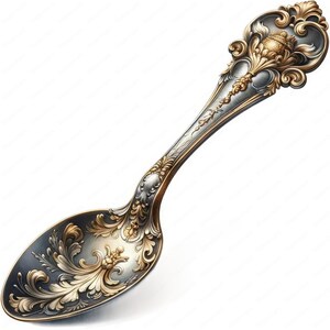 May include: An ornate silver spoon with gold accents and intricate floral designs. The spoon has a rounded bowl and a long, elegant handle.