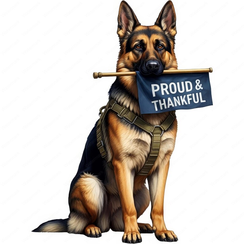 K&ouml;nnte beinhalten: Ein Deutscher Sch&auml;ferhund mit einem gr&uuml;nen Geschirr, der ein blaues Schild im Maul h&auml;lt, auf dem "PROUD & THANKFUL" steht.