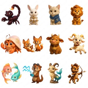 Zodiac Animal Clipart, 12 Designs High Res PNG Bundle, Cute Horoscope Graphics, Instant Download, Commercial Use