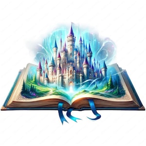 May include: A fairytale castle emerges from an open book with a blue, green, and white color scheme. The book has a brown leather cover and blue ribbon bookmarks.