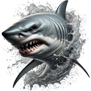 May include: A close-up of a great white shark with its mouth open, showing sharp teeth. The shark is surrounded by water, creating a splash effect.