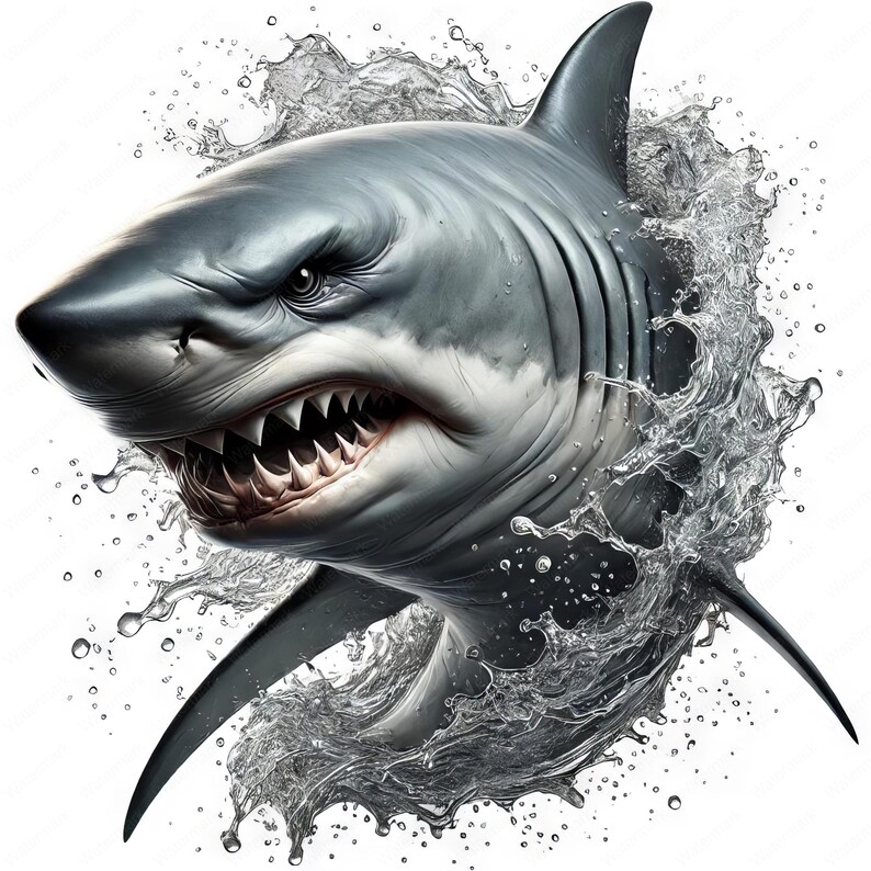 May include: A close-up of a great white shark with its mouth open, showing sharp teeth. The shark is surrounded by water, creating a splash effect.
