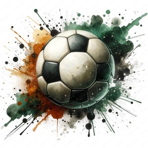 Puede incluir: Un bal&oacute;n de f&uacute;tbol blanco y negro con un fondo de salpicaduras de acuarela en tonos verdes, marrones y negros.