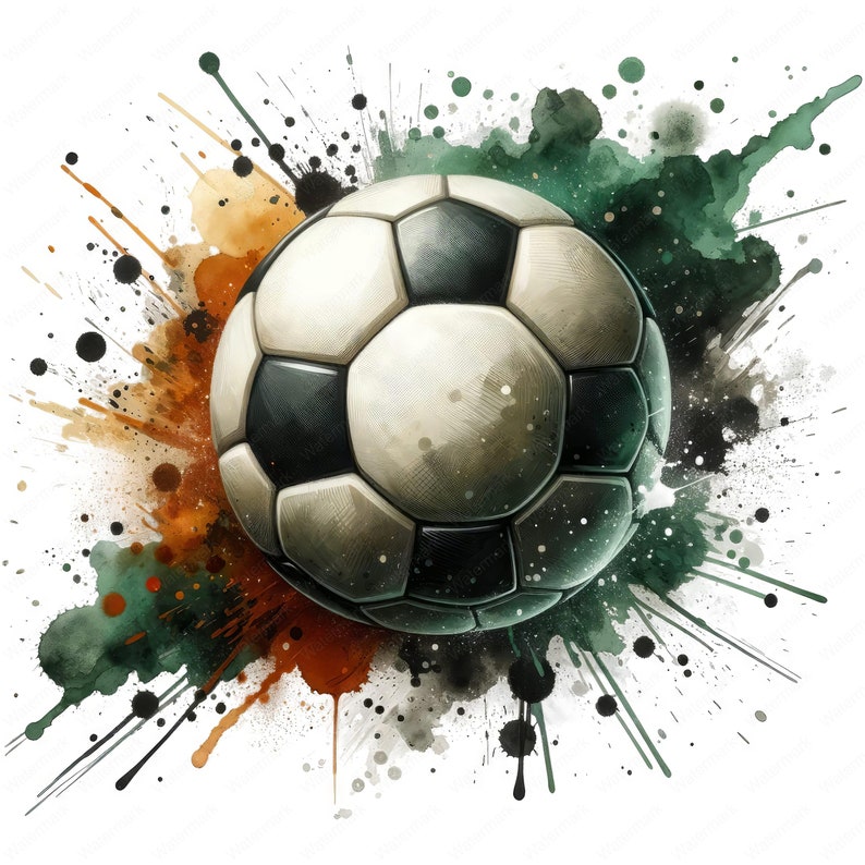 Puede incluir: Un bal&oacute;n de f&uacute;tbol blanco y negro con un fondo de salpicaduras de acuarela en tonos verdes, marrones y negros.