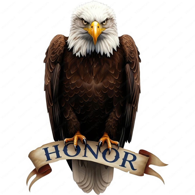 K&ouml;nnte beinhalten: Ein Wei&szlig;kopfseeadler mit wei&szlig;em Kopf und braunen Federn sitzt auf einer Schriftrolle mit dem Wort "HONOR" in blauen Buchstaben.