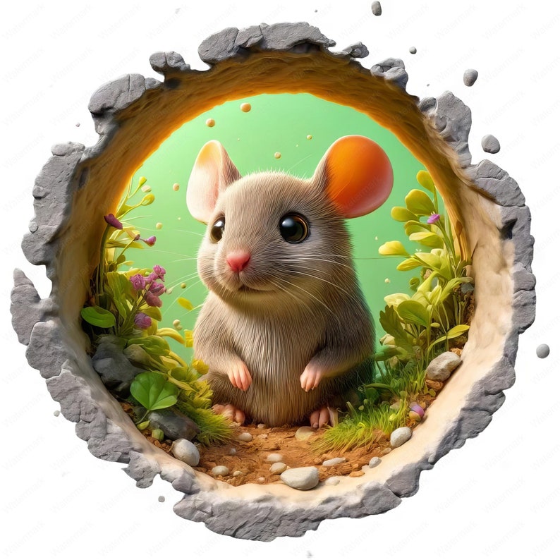 May include: A cute gray mouse with pink ears peeks out of a hole in a stone wall. The mouse is surrounded by green plants and flowers.