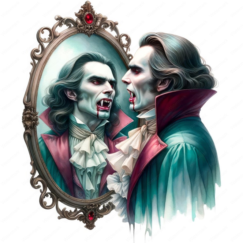 K&ouml;nnte beinhalten: Ein Gem&auml;lde eines Vampirs, der in einen Spiegel schaut. Der Vampir tr&auml;gt einen gr&uuml;n-roten Mantel mit einer wei&szlig;en Krawatte. Der Vampir hat langes dunkles Haar und schaut in seinen Spiegel. Das Spiegelbild des Vampirs tr&auml;gt ebenfalls einen gr&uuml;n-roten Mantel mit einer wei&szlig;en Krawatte. Das Spiegelbild des Vampirs hat langes dunkles Haar und schaut den Vampir an.