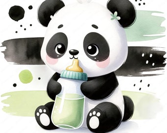 Baby Panda with Baby Bottle Clipart | 10 High-Quality Images | Nursery Decor | Baby Shower | Digital Prints | Commercial Use