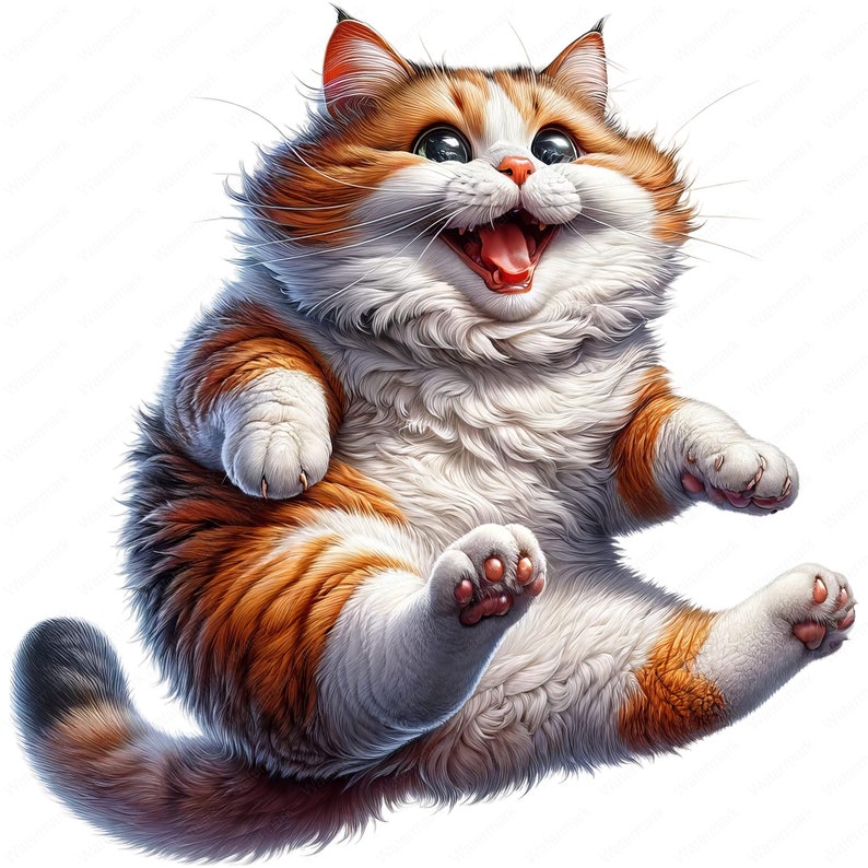 May include: A fluffy, orange and white cat with big, blue eyes is sitting with its legs spread out and its mouth open in a wide smile. The cat has a thick, white coat and a fluffy tail.