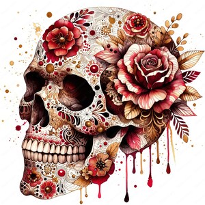 Puede incluir: Una ilustraci&oacute;n detallada de una calavera de az&uacute;car con intrincados dise&ntilde;os florales en tonos rojos, dorados y marrones. La calavera est&aacute; adornada con rosas y otras flores, y hay salpicaduras de pintura roja y dorada a su alrededor.