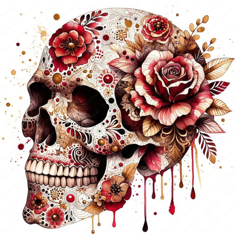 Puede incluir: Una ilustraci&oacute;n detallada de una calavera de az&uacute;car con intrincados dise&ntilde;os florales en tonos rojos, dorados y marrones. La calavera est&aacute; adornada con rosas y otras flores, y hay salpicaduras de pintura roja y dorada a su alrededor.