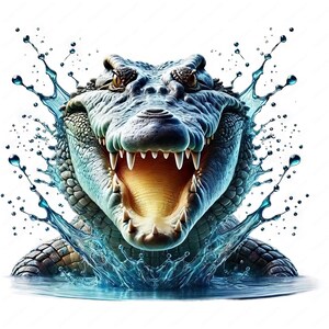 May include: A close-up of an alligator's head with its mouth open, showing sharp teeth. The alligator is emerging from the water, creating a splash of blue water droplets.